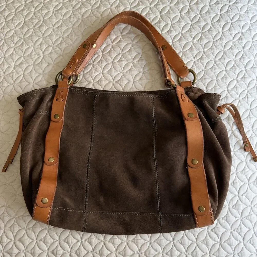VTG Lucky Brand Brown Suede Hobo Shoulder Handbag Satchel Tan Straps